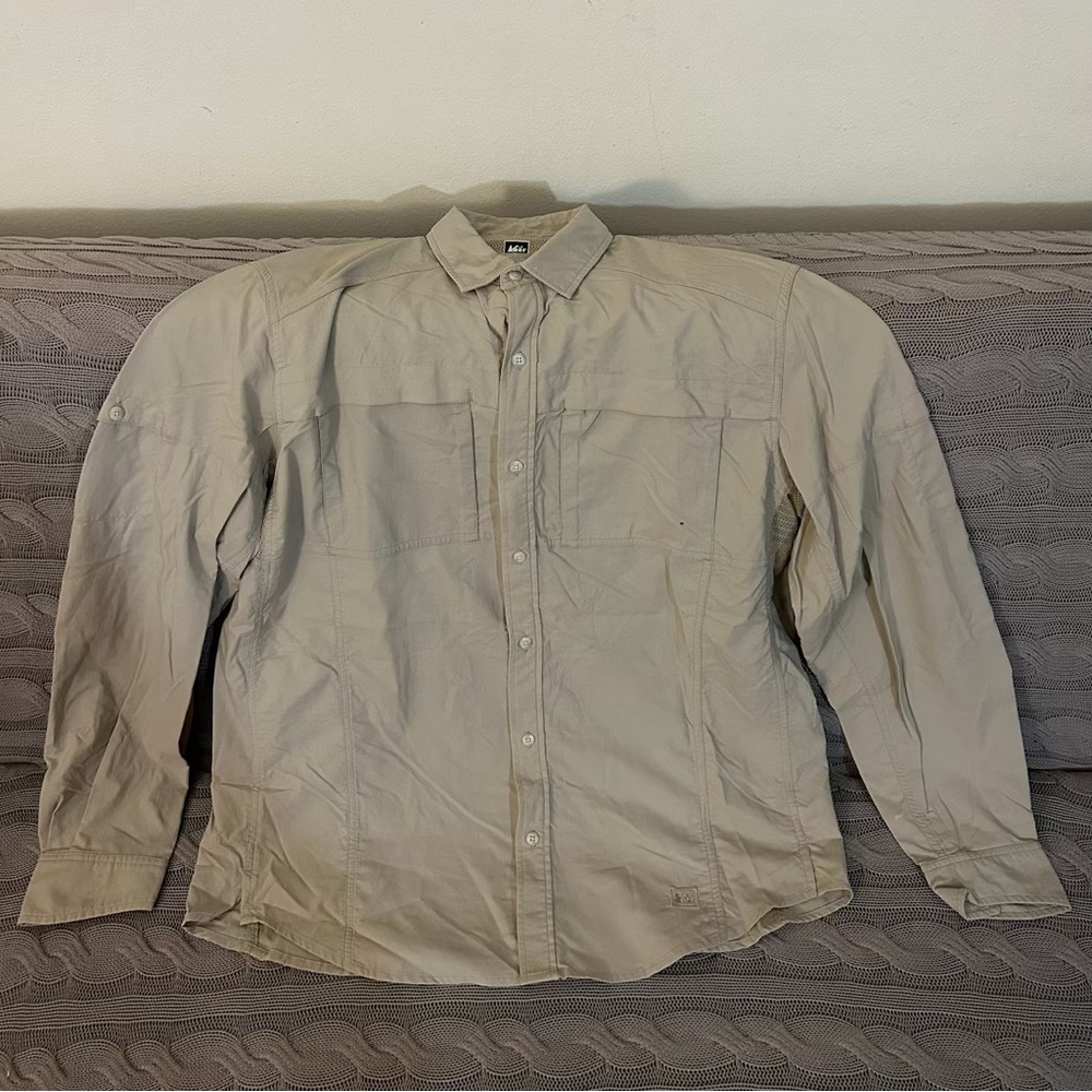 SOLD - REI Beige Long Sleeve Shirt with Embroidered Logo